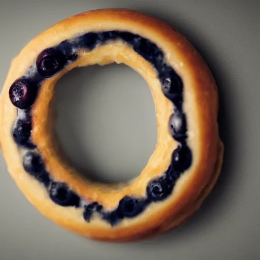 Image similar to Perfectly circular donut!!!!! in the style of a blueberry!!!!!!, trending on artstation, 4k, 8k, professional photography, overhead shot, 35mm lens