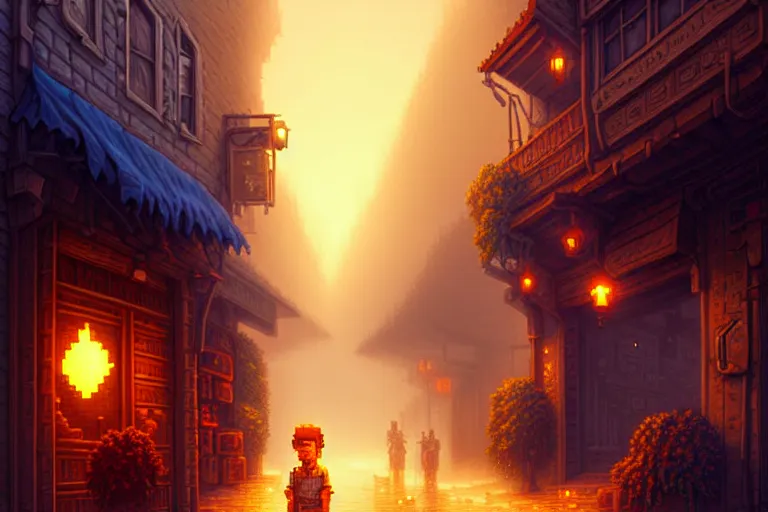 Prompt: a city street in athas under the dark sun, beautiful detailed pixelart by albertov, intricate details, beautiful, dithered gradients, volumetric lighting, cgsociety, artstation, 2 d, smooth, sharp, focus, illustration, art by artgerm, by greg rutkowski, by dan mumford