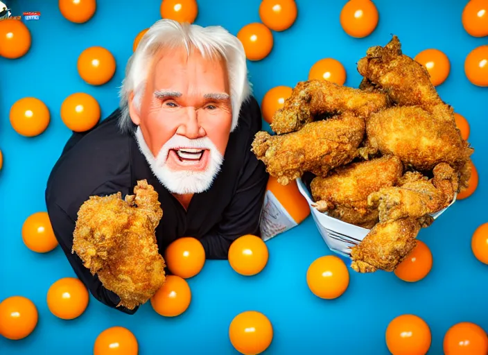 Image similar to photo still of kenny rogers in a ball pit of fried chicken!!!!!!!! at age 4 6 years old 4 6 years of age!!!!!!!! hiding from parents, 8 k, 8 5 mm f 1. 8, studio lighting, rim light, right side key light