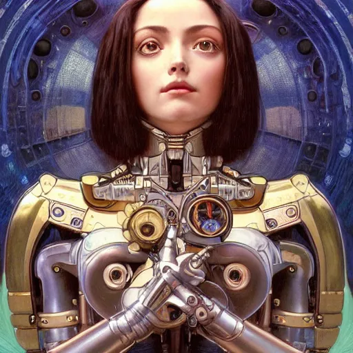 Image similar to Masterpiece portrait of battle angel Alita drawn by Donato Giancola and Tom Bagshaw, face by Artgerm and Edmund Leighton, Alphonse Mucha, background by James Jean and Gustav Klimt, 4k, posthuman, robotic body, porcelain skin, komorebi, french nouveau, trending on pixiv, octane render, hyperrealistic