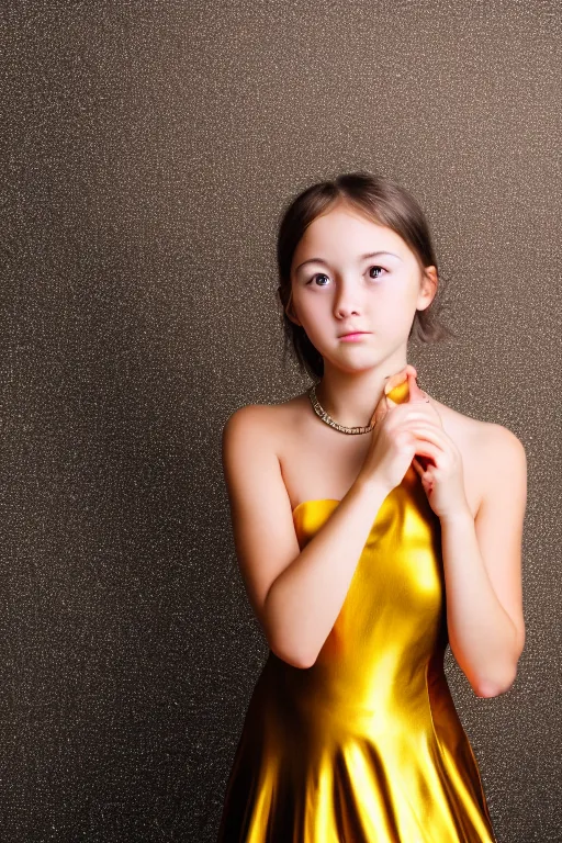 Image similar to lifestyle portrait of a girl in a golden dress with over a black background, photography, smooth, sharp focus, turning head