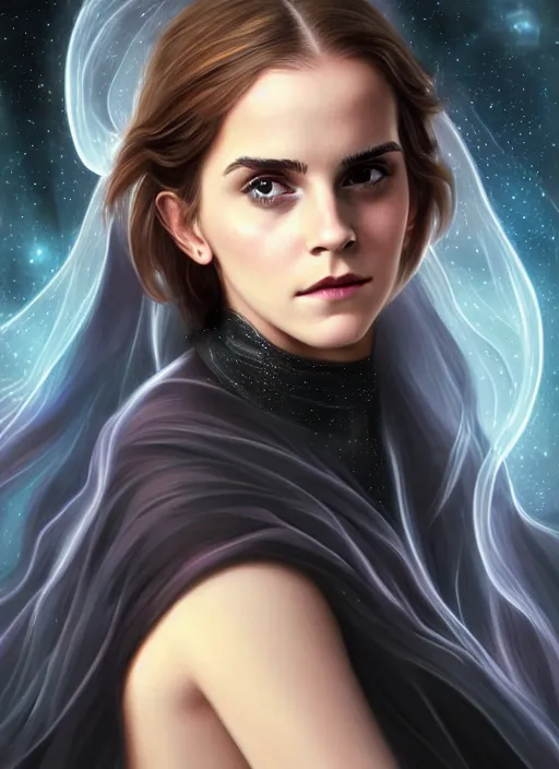 Image similar to emma watson as magic healer celestial, long hair, black and transparent cloth, space, D&D, shiny background, intricate, elegant, highly detailed, digital painting, artstation, concept art, smooth, sharp focus, illustration, artgerm, bouguereau