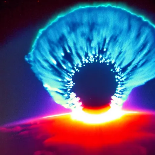 Image similar to nuclear explosion from space, neon lights