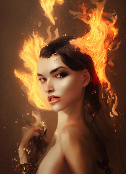 Prompt: fashion portrait with fire, female, future, torch, flame, harper's bazaar, vogue, fashion magazine, intricate, concept art, close up, ornate, luxury, elite, elegant, trending on artstation, by ruan jia, by Kenneth Willardt, by ross tran, by WLOP, by Andrei Riabovitchev,