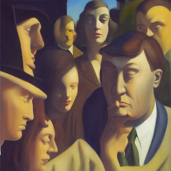 Image similar to group of people pictured in afternoon light, close - up of the faces, surrealist oil painting by edward hopper, dora maar and rene magritte