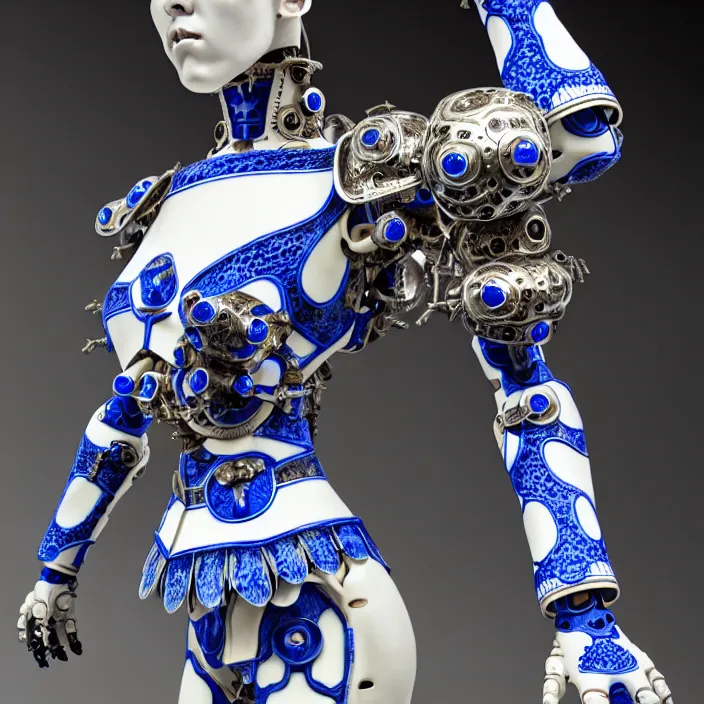 Prompt: bone cyborg armor, chinese blue and white porcelain 1 4 th century, diffuse lighting, fantasy, intricate, elegant, highly detailed, lifelike, photorealistic, digital painting, artstation, illustration, concept art, smooth, sharp focus, art by john collier and albert aublet and krenz cushart and artem demura and alphonse mucha