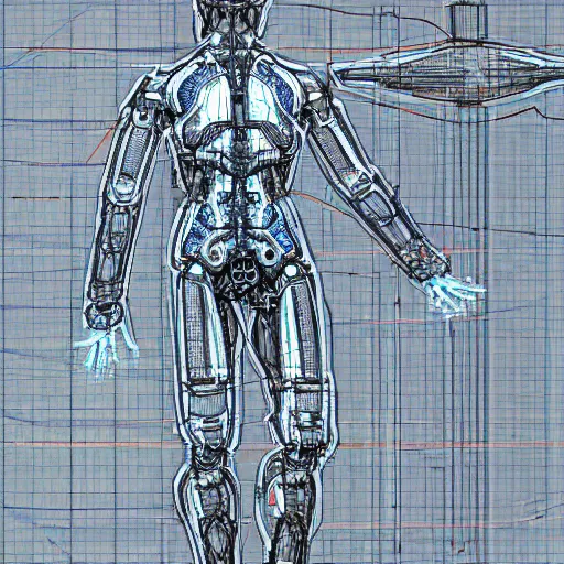 Prompt: T-posing image of a cybernetically augmented human male, pencil, technical drawing, blueprints, Digital art, detailed