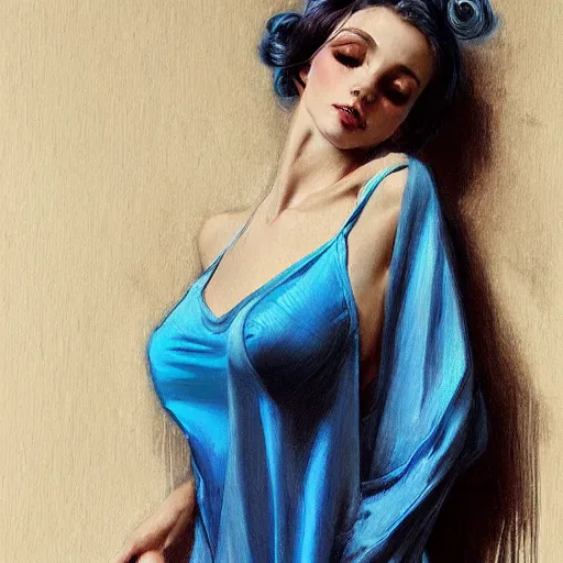 Prompt: portrait of ballerina wearing satin nightgown, blue hair, attractive, casual, modern, victoria's secret, highly detailed, digital painting, artstation, concept art, smooth, sharp focus, illustration, art by artgerm, greg rutkowski and alphonse mucha