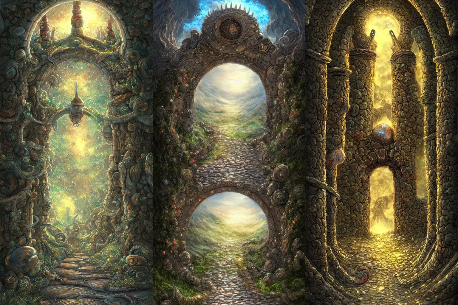 Prompt: The gate to the eternal kingdom of snails, fantasy, digital art, HD, detailed.