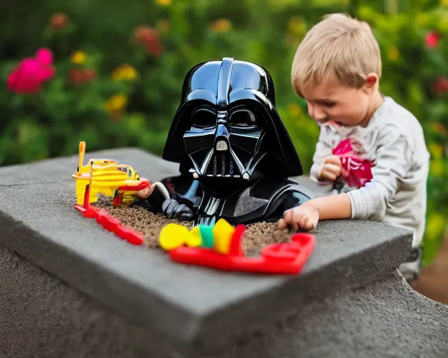 Image similar to 8 5 mm food photography of darth vader playing with toys near a garden with sand with dof and bokeh and flowers o