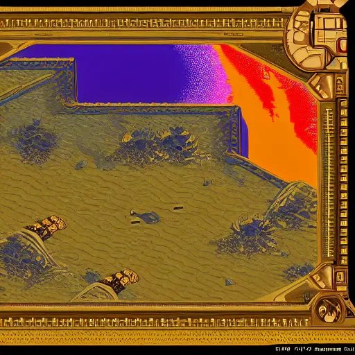 Image similar to HD 16-bit vivid art, of Dune 2 mentat and harvester, at Arrakis, 1990s 2D game graphics, many round shihing gems at the golden border frame