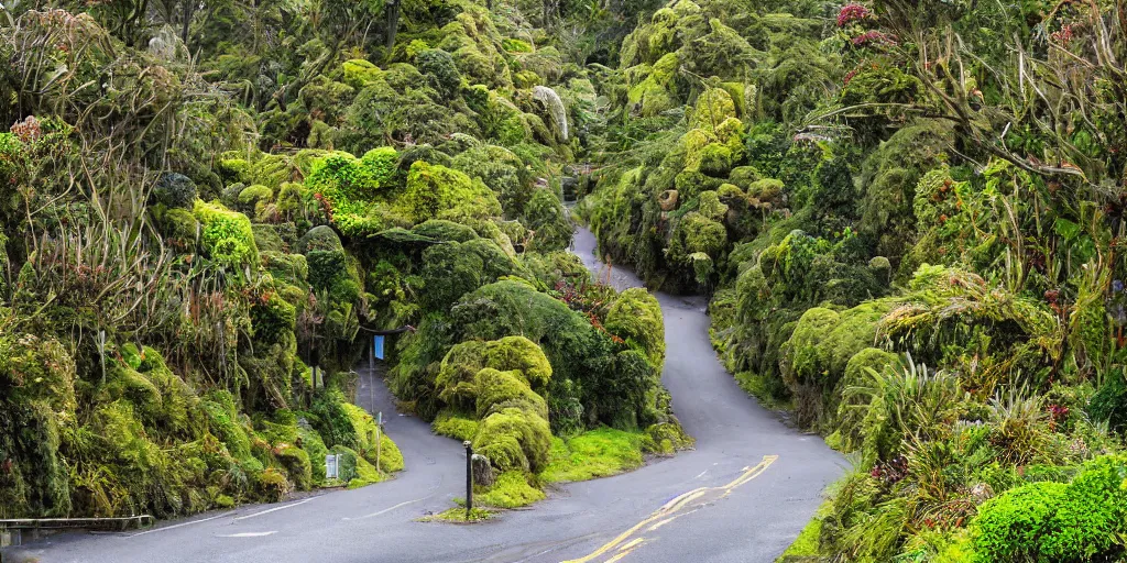 Image similar to a street in khandallah, wellington, new zealand lined by new zealand remnant ancient montane forest. podocarp, rimu, kahikatea, mountain cabbage trees, moss, vines, epiphytes, birds. windy rainy day. people walking in raincoats. 1 9 0 0's colonial cottages. harbour in the distance.