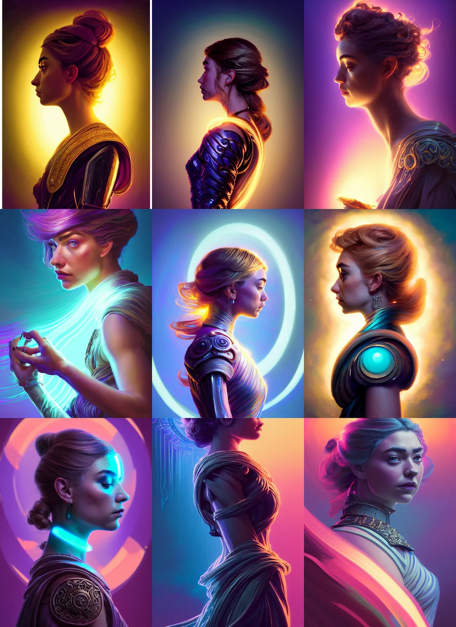 Prompt: side portrait, imogen poots paladin, gloomhaven, soft, smooth, luminescent, art nouveau tarot, backlit glow, colorful swirly ripples, gaudy colors, vogue, aesthetic octane render, unreal engine, 8 k, by greg rutkowski, jesper ejsing, rhads, ilya kuvshinov, cushart krenz