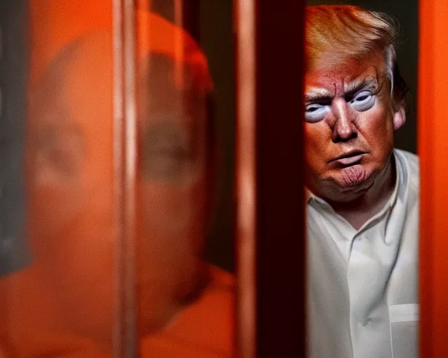 Prompt: closeup portrait of of angry donald trump wearing orange prison pajamas locked up in an prison jail cell, cinematic masterpiece, octane, dramatic lighting, very detailed