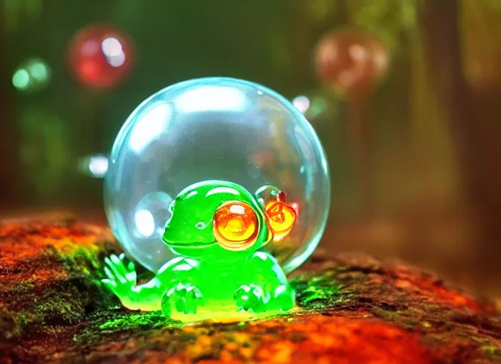 Prompt: photo of a translucent clear chibi style baby dinosaur with symmetrical head and eyes, made out of clear plastic, but has orange hypercolor glowing electric energy inside its body, and electricity flowing around the body. in the forest. electric bubbles and electric red clear glass hearts, fantasy magic style. highly detailed. intricate design by pixar, jim henson and brian froud