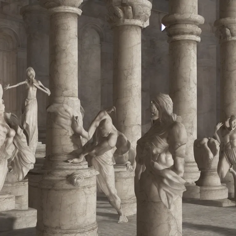 Image similar to octane render portrait by wayne barlow and carlo crivelli and glenn fabry, a first person shooter video game taking place inside an ancient greek mystery cult, fire and smoke, white marble columns, dancers dressed in flowing white togas, cinema 4 d, ray traced lighting, very short depth of field, bokeh