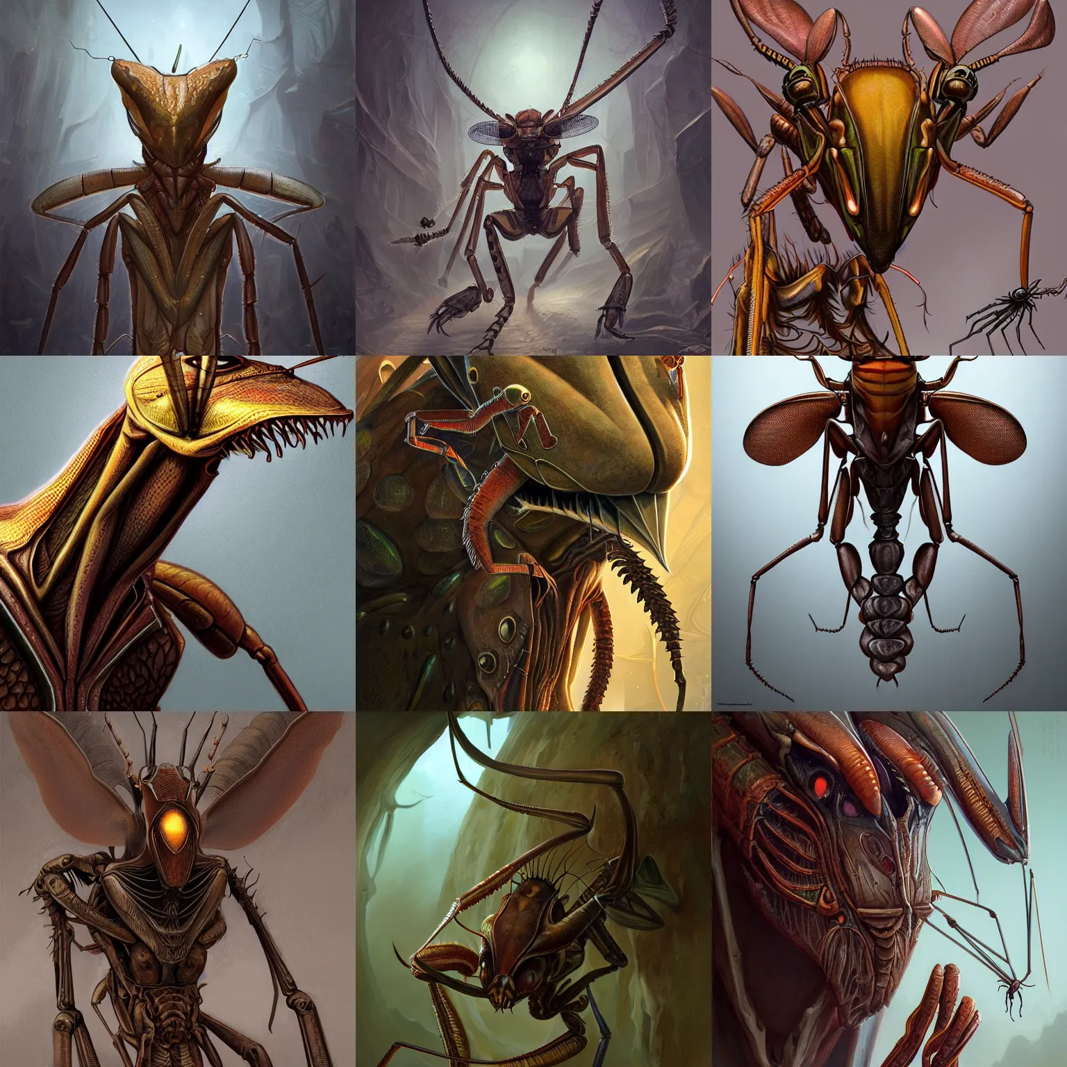 Prompt: portrait of an anthropomorphic insectoid, predatory praying mantis, flat triangle - shaped head, brown exoskeleton, d & d rogue, thin antennae, concept art, deep focus, fantasy, intricate, highly detailed, digital painting, artstation, matte, sharp focus, illustration, art by marc simonetti