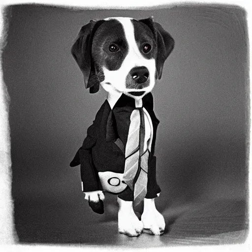 Image similar to a dog wearing a suit in a nightmare, black and white