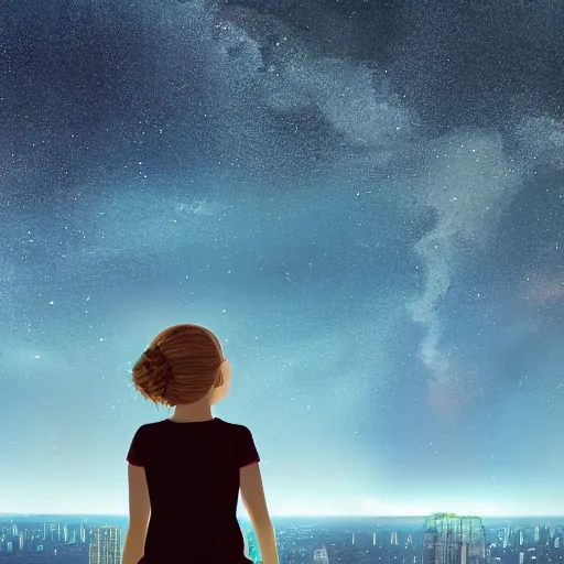 Prompt: a girl on the view platform of a skyscraper looking up at the starry night sky, trending on artstation