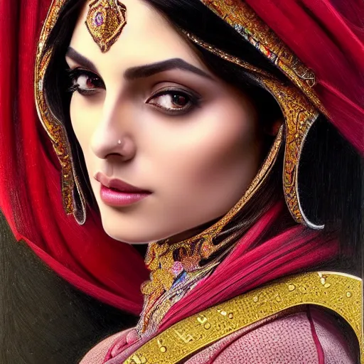 Image similar to Beautiful portrait of a Persian Princess who is an architect, beautiful princess, face painting, architecture, persian style architecture, dramatic lighting, intricate, wild, highly detailed, digital painting, artstation, concept art, smooth, sharp focus, illustration, black+velvet+red, art by artgerm and greg rutkowski and alphonse mucha, footage from space camera