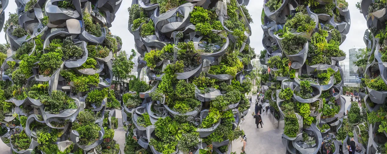 Prompt: futuristic village marketplace, with biomimetic architecture, vertical vegetable gardens, in a village street, depth of field, XF IQ4, 150MP, 50mm, F1.4, ISO 200, 1/160s, natural light