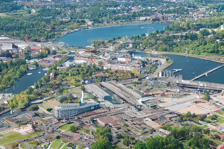 Image similar to bird's eye view photography of a small city. town hall, central farm, monorail station, inlet and shipping dock. hills, woods and pond to the north.