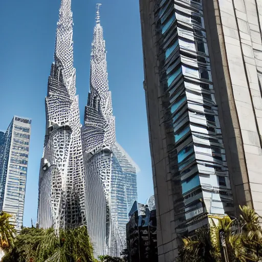 Image similar to detailed intricate futuristic, tallest tower building in the world, cathedral details, composition