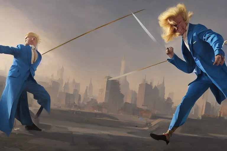 Prompt: a blond man in a blue suit attacked by flying swords, organic painting, sunny day, matte painting, bold shapes, hard edges, street art, trending on artstation, by huang guangjian, gil elvgren, ruan jia, randy vargas, greg rutkowski