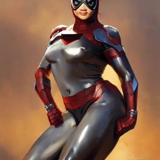 Image similar to greg manchess portrait painting of partially armored female iron spiderman as overwatch character, medium shot, asymmetrical, profile picture, organic painting, sunny day, matte painting, bold shapes, hard edges, street art, trending on artstation, by huang guangjian, gil elvgren, ruan jia, greg rutkowski, gaston bussiere