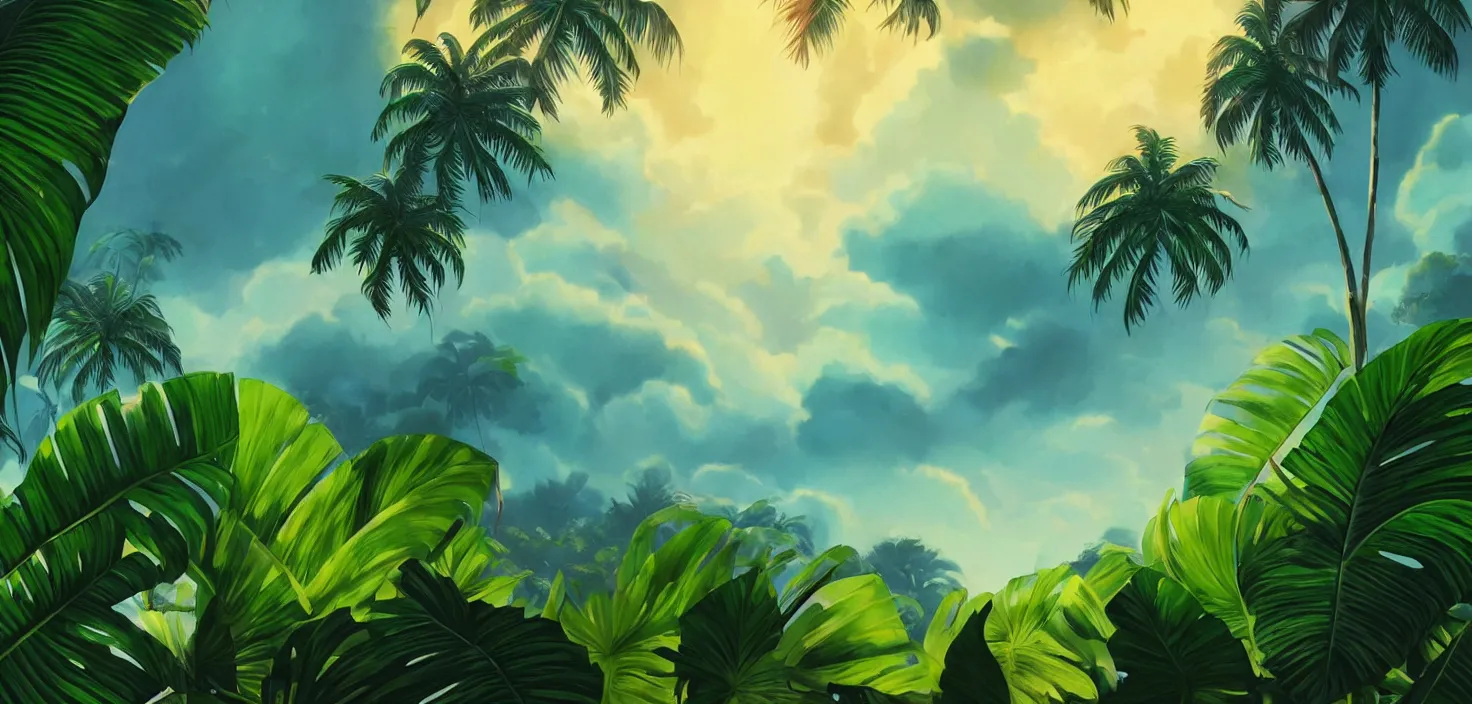 Prompt: tropical foliage banana leaves jungle palm tree monstera colored leaves tropical floral background an element, cinematic view, epic sky, detailed, concept art, low angle, high detail, warm lighting, volumetric, godrays, vivid, beautiful, trending on artstation, by jordan grimmer, huge scene, grass, art greg rutkowski