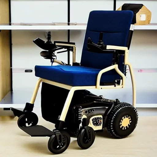 Prompt: a cyberpunk electric wheelchair equipped with a computer shelf that can be moved to work