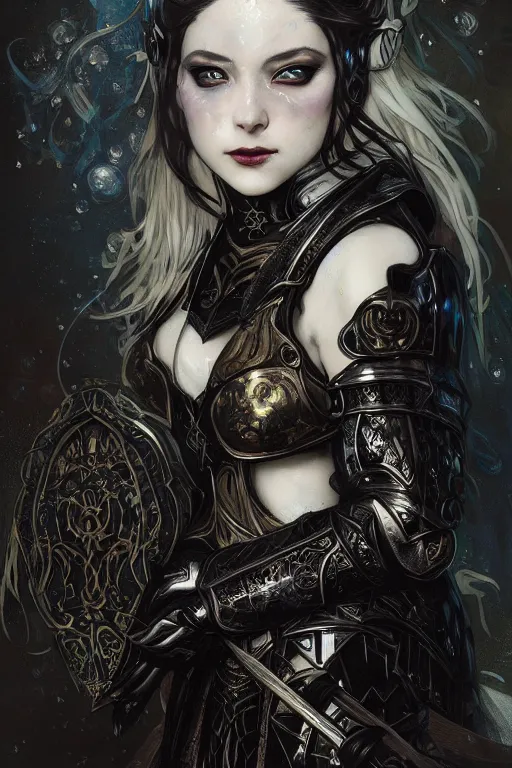 Image similar to beautiful luxury and gothic and victorian and evil young female medieval black armor knight portrait+smoky eyes+front face with light flowing hair, ultradetail face, art and illustration by tian zi and craig mullins and WLOP and alphonse mucha, ssci-fi, fantasy, intricate complexity, human structure, hypermaximalist, fantasy character concept, dynamic lighting, neon light, watermark, blurry, hyperrealism 8k