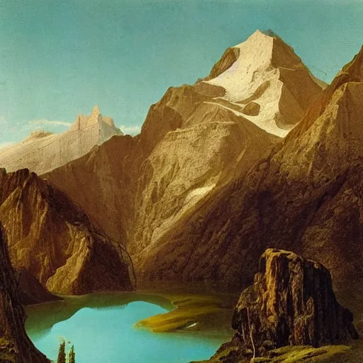 Prompt: a turquoise placid lake in the foreground with a towering mountain in the background, Carl Friedrich