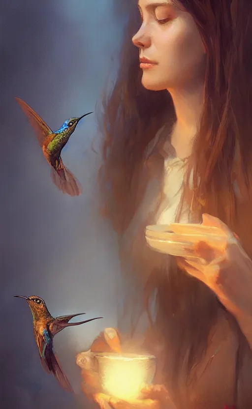 Image similar to portrait of a woman with brown hair sipping tea next to a humming bird, concept art, fantasy, highly detailed, cinematic lighting, digital painting by greg rutkowski