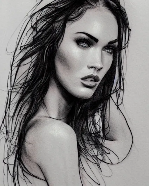 Image similar to double exposure effect tattoo design sketch of megan fox with amazing mountain scenery, realism tattoo, in the style of den yakovlev, amazing detail, sharp