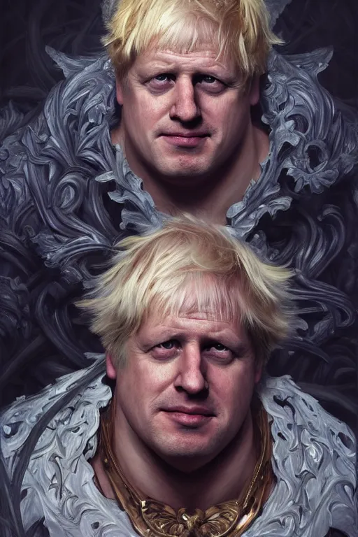 Image similar to portrait of boris johnson as a hulking herculean demon, forest, godlike, full body, fantasy, intricate, elegant, highly detailed, digital painting, artstation, concept art, sharp focus, illustration, art by artgerm and greg rutkowski and alphonse mucha