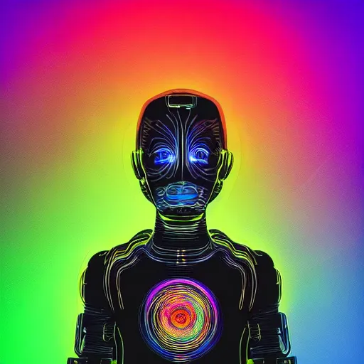 Image similar to photo of a black tshirt with a hyperdetailed portrait of a futuristic trippy cyberpunk meditating robot, 8 k, symetrical, flourescent colors, multicolored tshirt art,