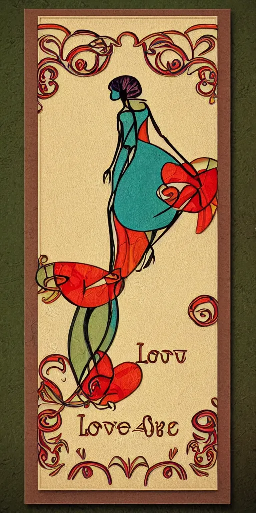 Image similar to art deco, art nouveau, colors, love, warmth, happiness, couple, hallmark style, papyrus style, card