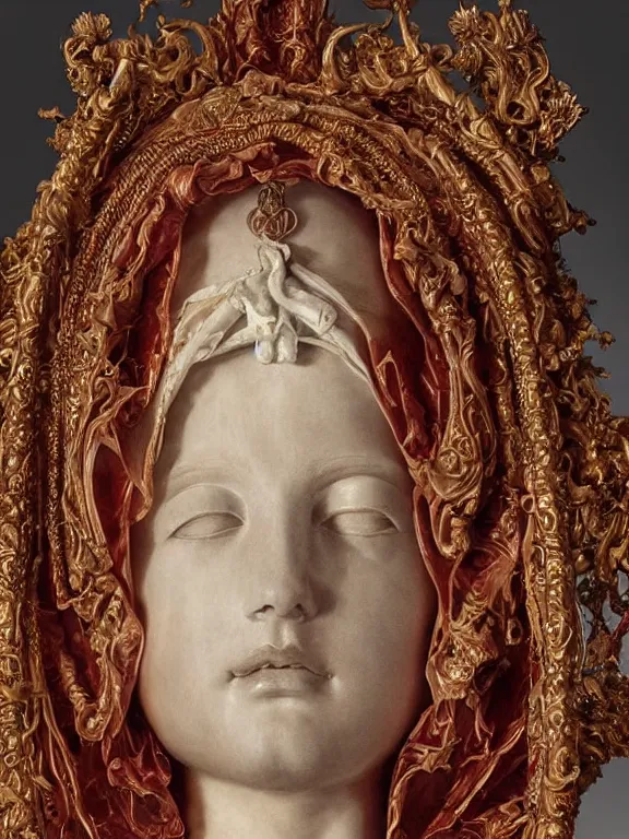 Image similar to a beautiful render of baroque catholic veiled sculpture, the red queen pieta, with symmetry intricate detailed,by LEdmund Leighton, peter gric,aaron horkey,Billelis,trending on pinterest,hyperreal,jewelry,gold,intricate,maximalist,glittering,golden ratio,cinematic lighting