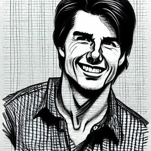 Image similar to a portrait drawing of Tom Cruise drawn by Robert Crumb