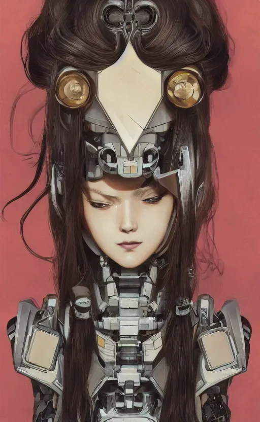 Prompt: a girl, fused mecha robot parts, vintage clothing, cyborg, anime style, long hair, hair down, symmetrical facial features, from arknights, hyper realistic, 4 k, rule of thirds, extreme detail, detailed drawing, trending artstation, hd, d & d, realistic lighting, by alphonse mucha, greg rutkowski, sharp focus, backlit