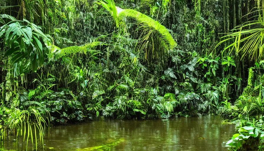 Prompt: a rainy foggy jungle, river with low hanging plants, there is a giant cristal in the water, it is glowing, great photography, ambient light