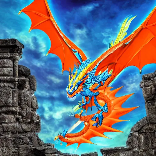 Image similar to professional photo of a blue dragon with a white belly and orange eyes flying over some ancient ruins