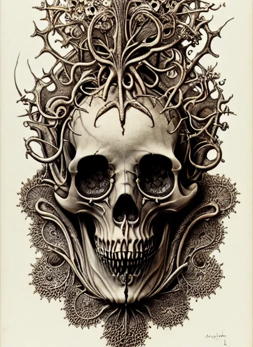 Image similar to art forms of nature by ernst haeckel, memento mori by arthur rackham, ornate antique porcelain beautiful skull mask, ultrasharp, photorealistic, hyperdetailed, octane render, polished, art nouveau, neo - gothic, gothic, intricate ornamental organic filigree, art nouveau botanicals, art forms of nature by ernst haeckel, horizontal symmetry, symbolist, visionary