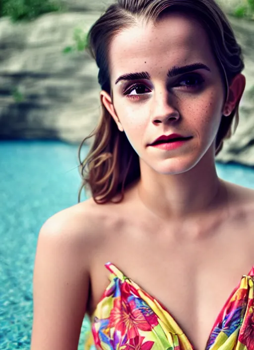 Image similar to Emma Watson for Victorian Secret, perfect face, hot summertime hippie, psychedelic swimsuit, home swimming pool, cloudy day, full length shot, XF IQ4, 150MP, 50mm, f/1.4, ISO 200, 1/160s, natural light, Adobe Photoshop, Adobe Lightroom, DxO Photolab, Corel PaintShop Pro, rule of thirds, symmetrical balance, depth layering, polarizing filter, Sense of Depth, AI enhanced