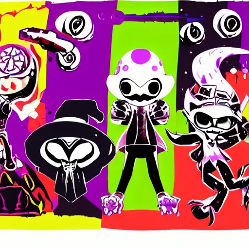 Image similar to character design sheets for a new vampire squid character, artwork in the style of splatoon from nintendo, art by tim schafer from double fine studios, black light, neon, spray paint, punk outfit, tall thin toothpick like frame adult character, fully clothed, gothic, colorful, sparkles and glitter