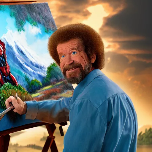 Prompt: a closeup photorealistic photograph of bob ross diligently finishing a canvas painting depicting iron man. mountains and trees. film still. brightly lit scene. this 4 k hd image is trending on artstation, featured on behance, well - rendered, extra crisp, features intricate detail, epic composition and the style of unreal engine.