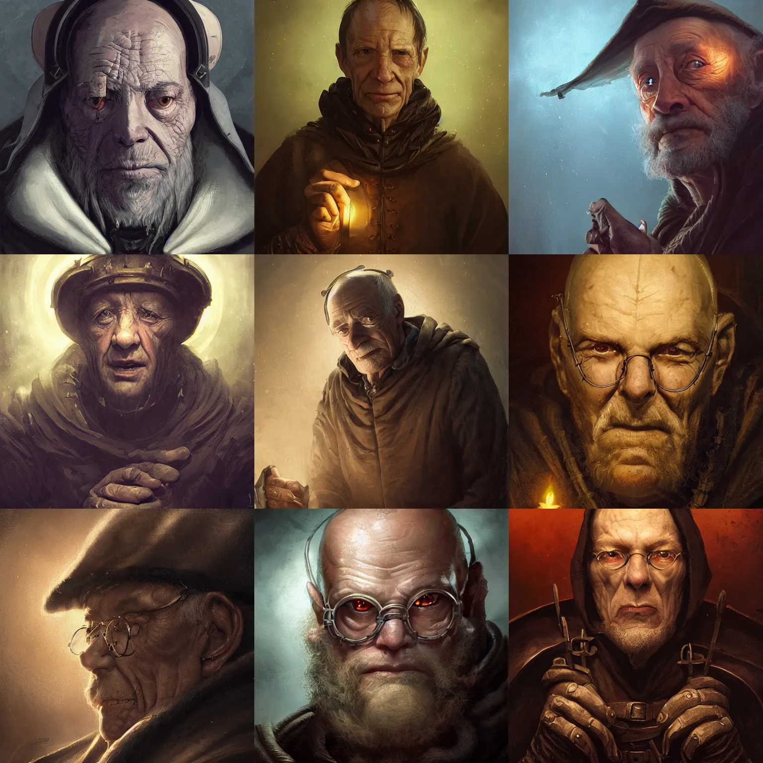 Prompt: portrait of an old, medieval alchemist in the dark, close up straight to the face., he is looking into the distance thoughtfully!!. studio lighting bright ambient lighting key light, fantasy, detailed, photorealistic portrait by michael komarck, greg rutkowski, victo ngai, artgerm and j. dickenson