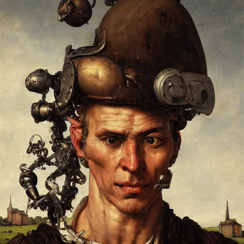 Prompt: a baroque neoclassicist close - up portrait of a cyborg farmer head and shoulders, large barn and silo architecture in background. renaissance portrait painting. highly detailed science fiction painting by norman rockwell and frank frazetta.. rich colors, high contrast, gloomy atmosphere, dark background. trending on artstation