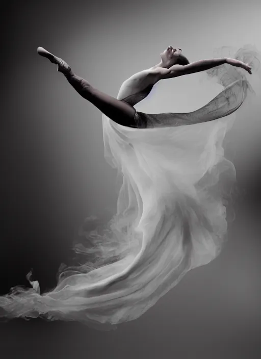 Prompt: a Photorealistic dramatic hyperrealistic render of a glamorous beautiful Female smoke dancer by Ken Brower and Deborah Ory of NYC Dance project,Lois Greenfield,Flowing cloth and smoke,Beautiful dynamic dramatic dark moody lighting,volumetric,shadows,cinematic atmosphere,Octane render,8K